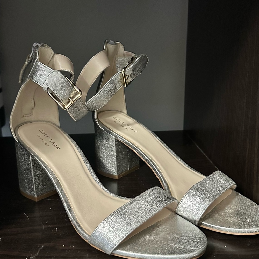 Cole Haan Metallic Silver Block Heel Sandals